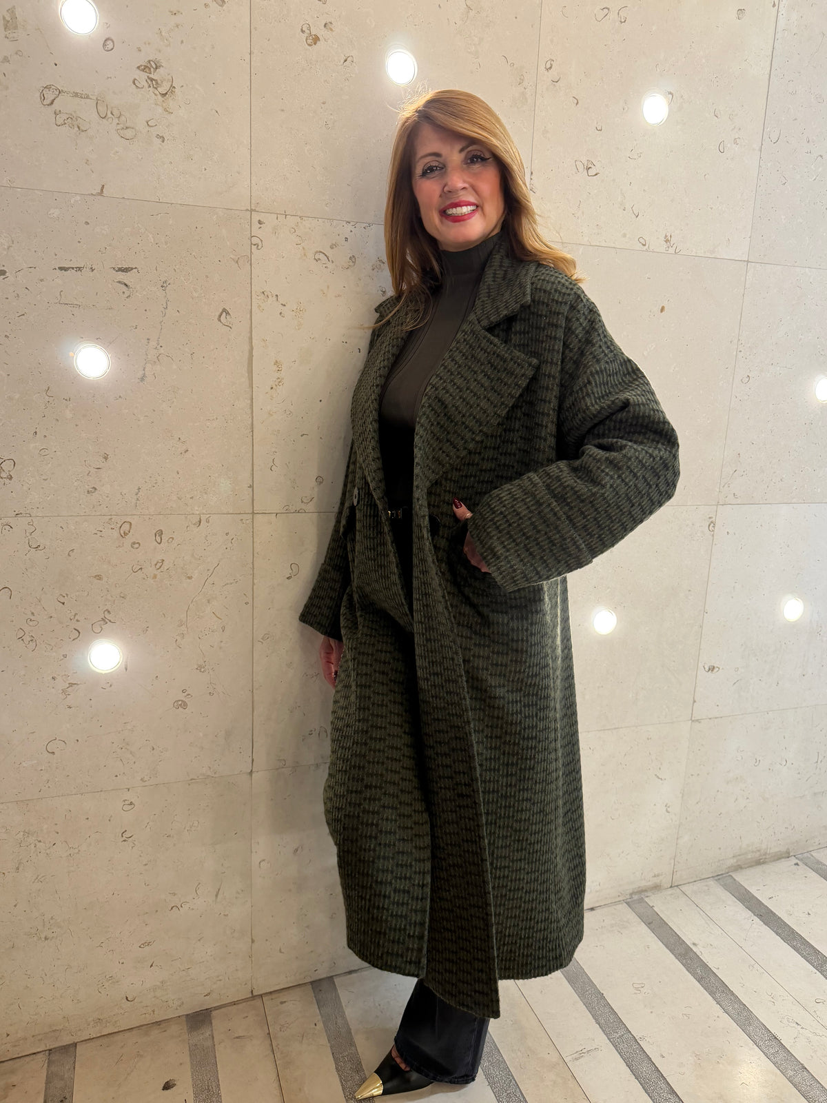 Cappotto lungo doppiopetto con fantasia check emisphere