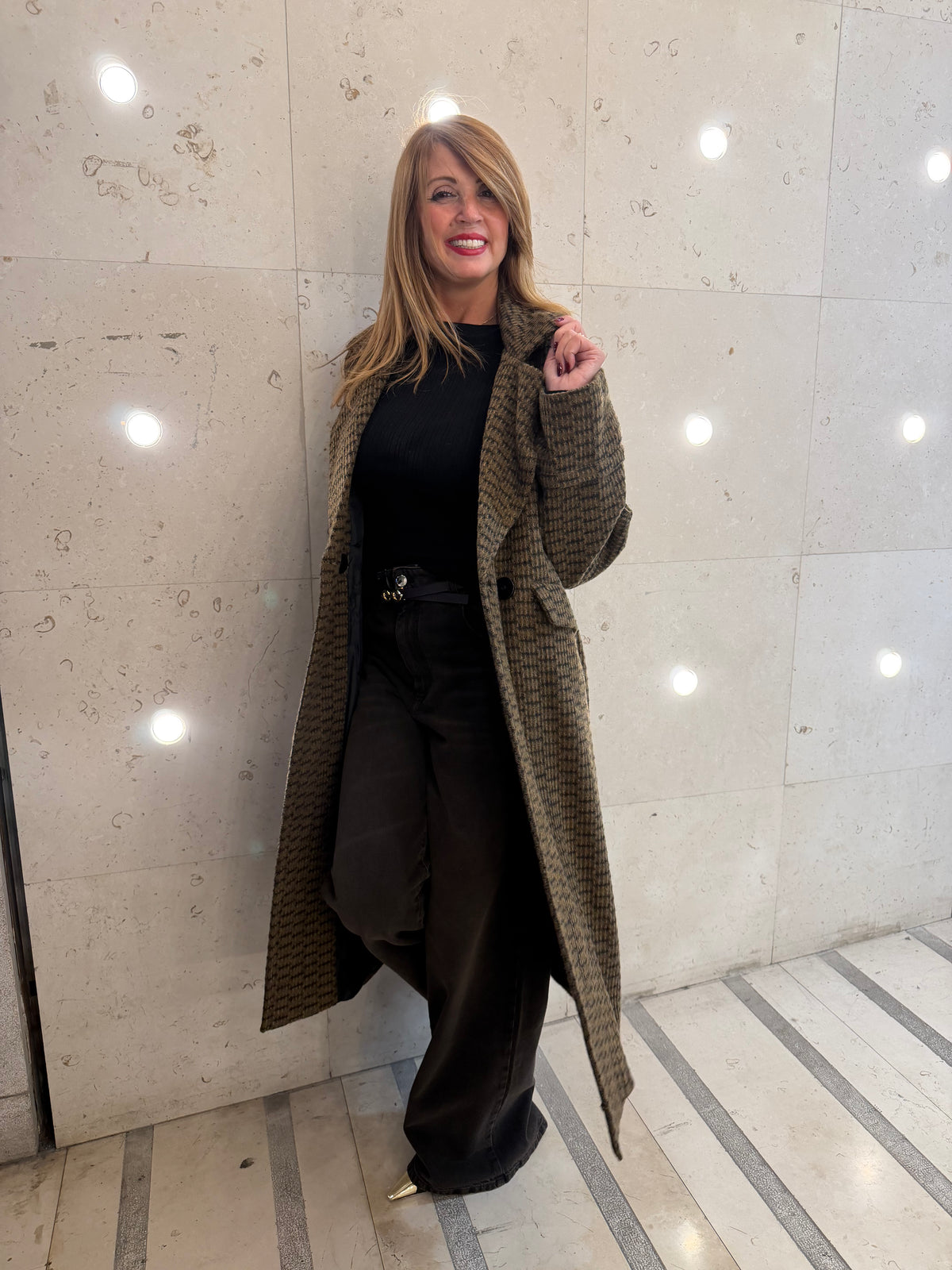 Cappotto lungo doppiopetto con fantasia check emisphere
