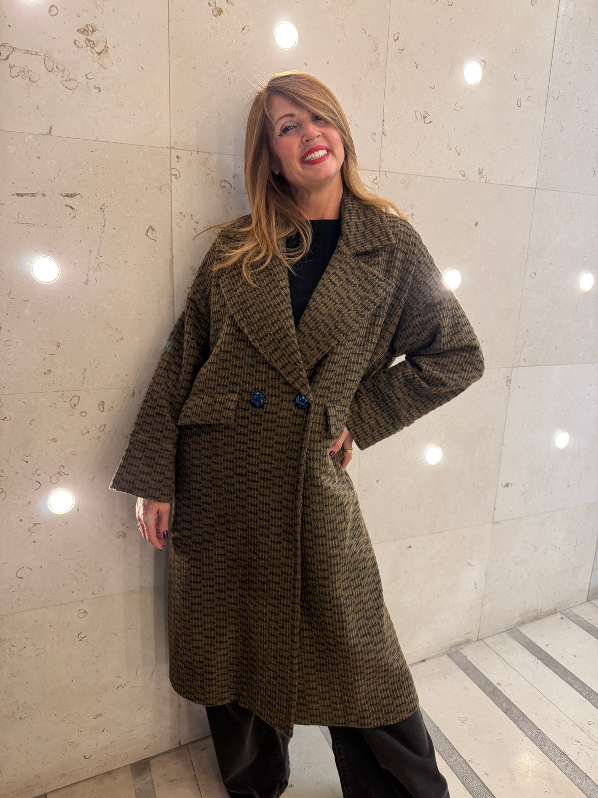 Cappotto lungo doppiopetto con fantasia check emisphere