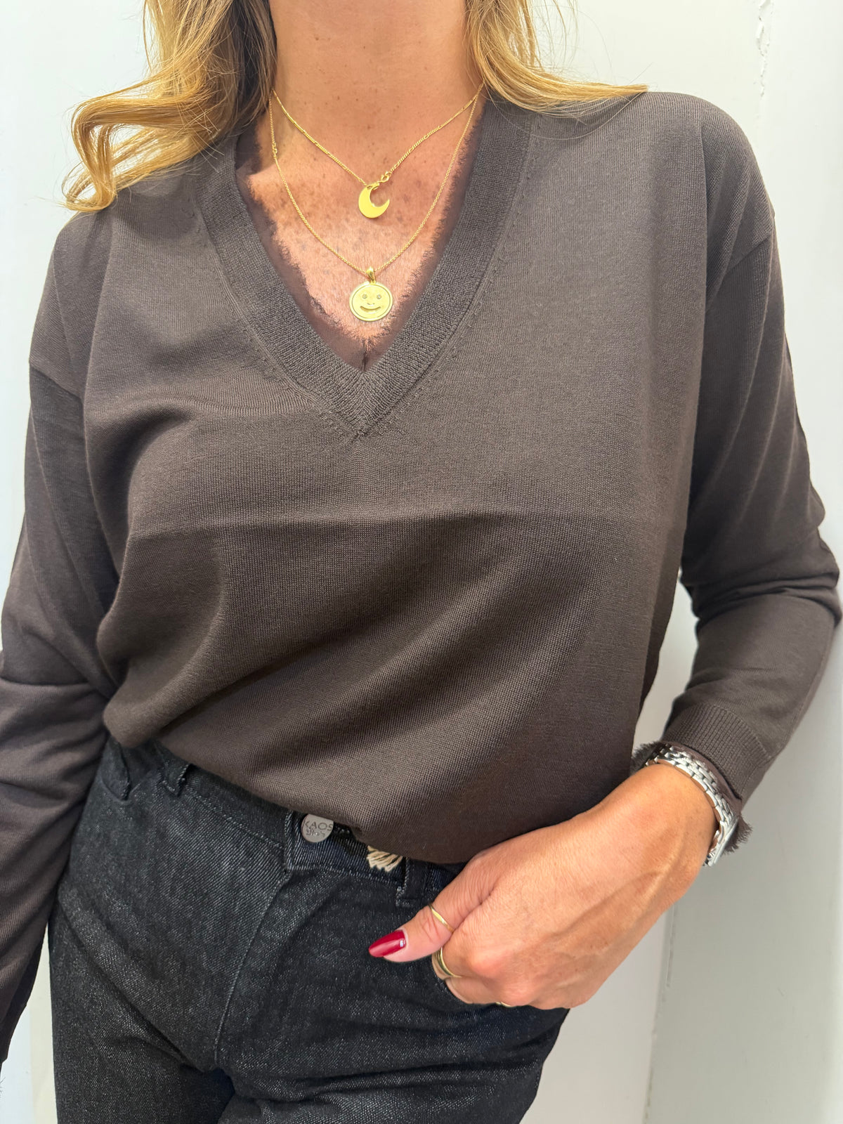 Maglia in lana merinos scollo a v con dettaglio in seta Kaos Collection