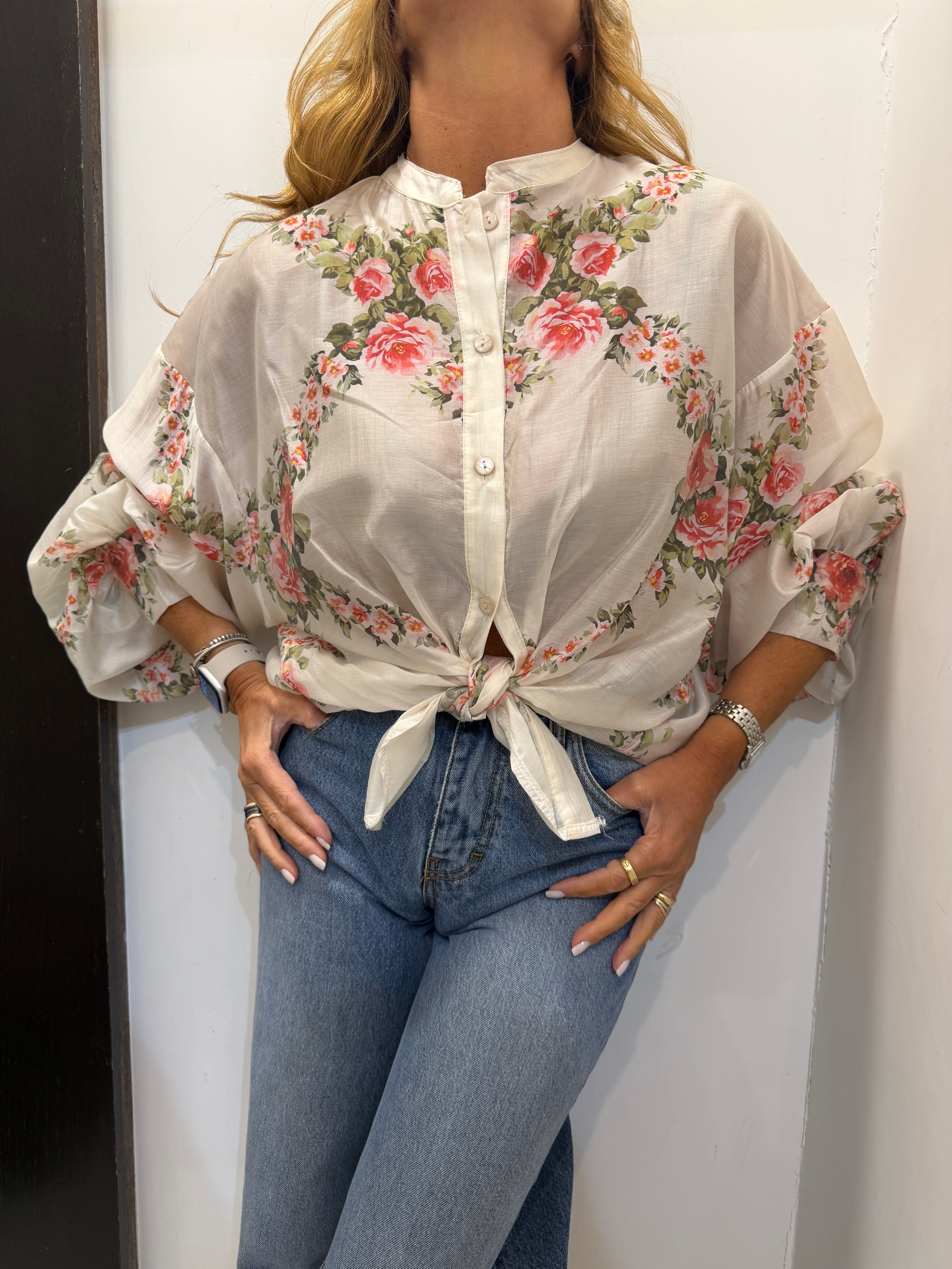 Camicia over stampa floreale con collo coreana Emisphere