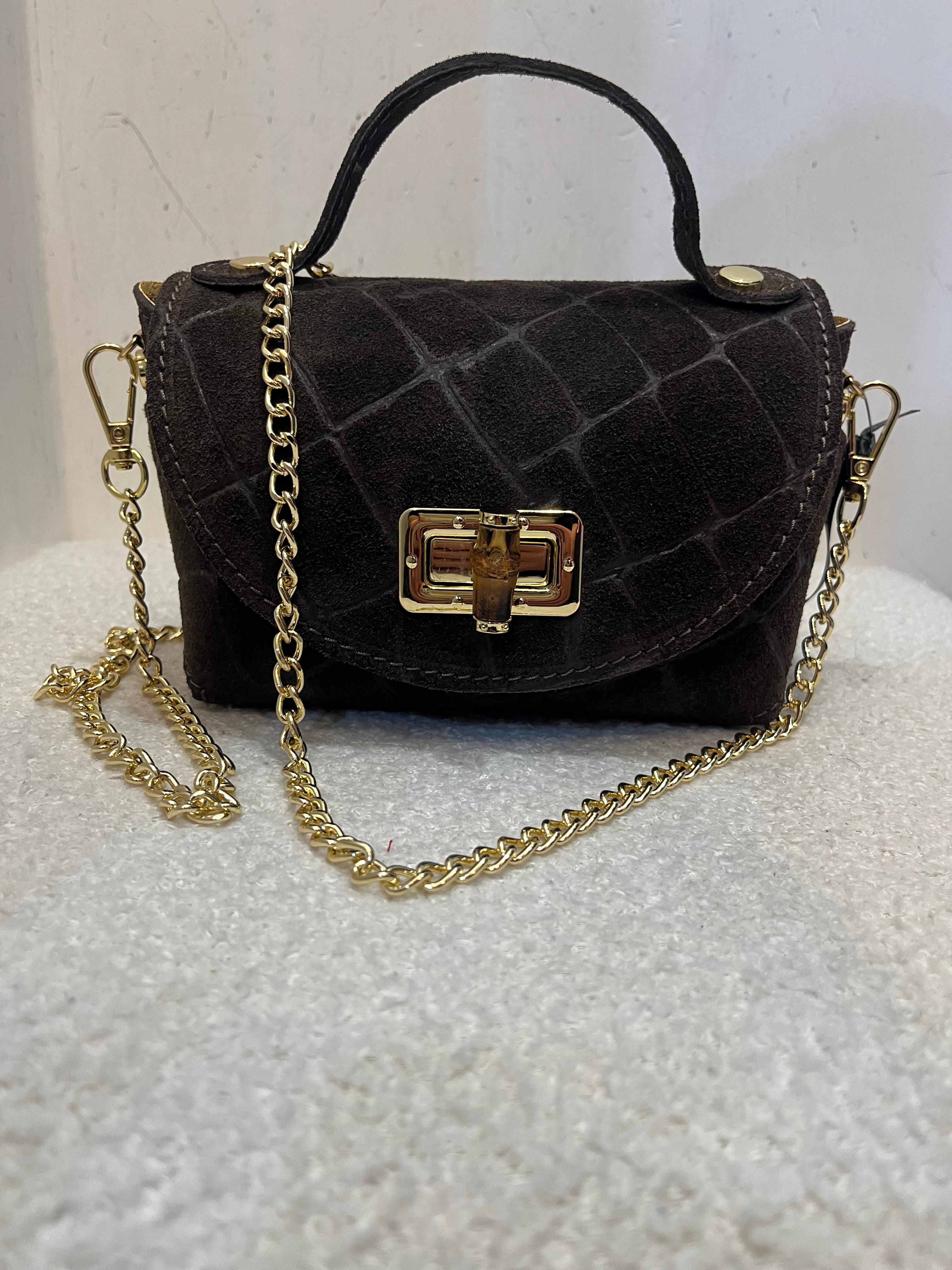 Bag in camoscio con chiusura alamari tracollina catena oro