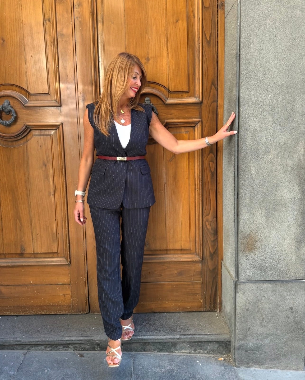 Pantalone gessato dritto con vita elasticata Kaos Donna
