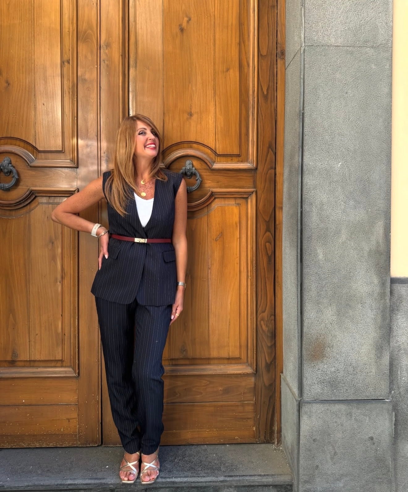 Pantalone gessato dritto con vita elasticata Kaos Donna