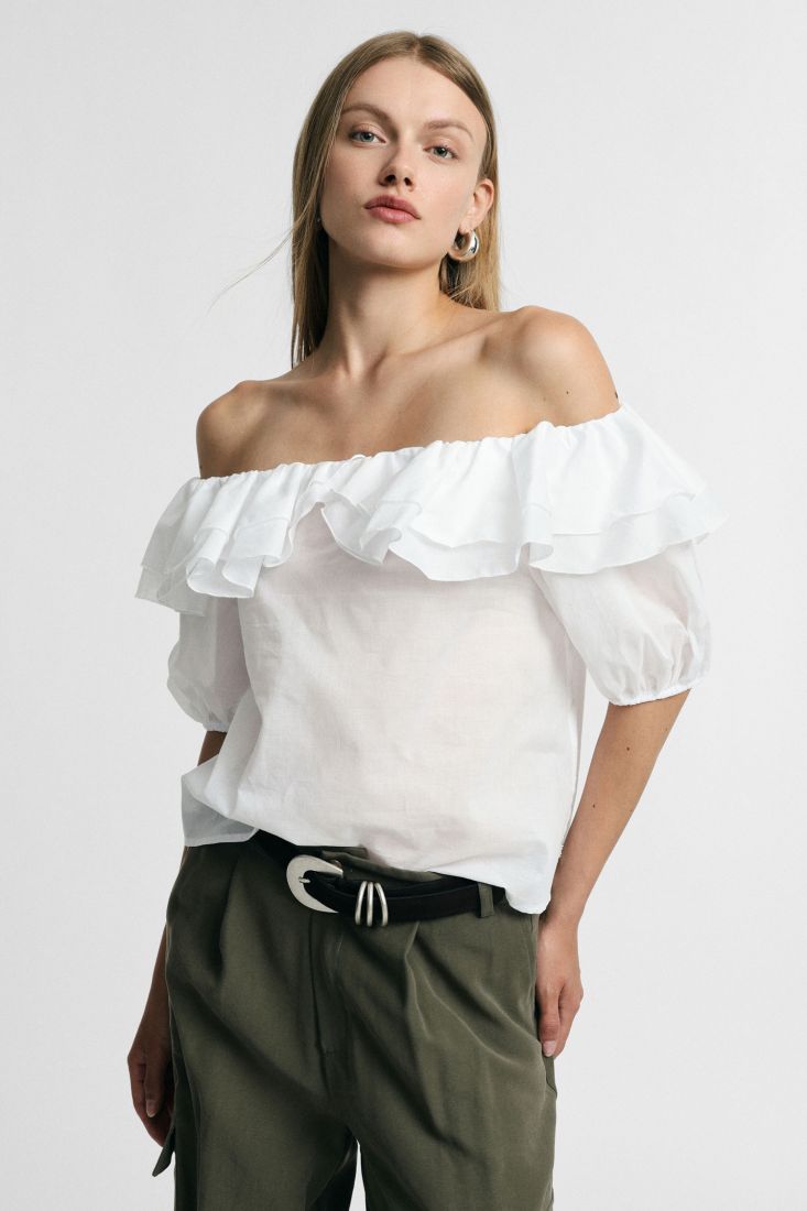 Blusa scollo bardot con volant maniche corte Please