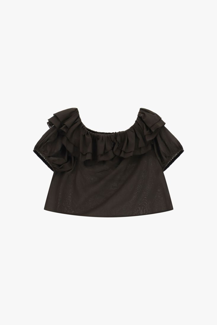 Blusa scollo bardot con volant maniche corte Please