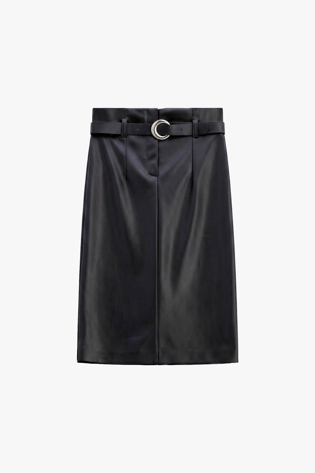Gonna midi in similpelle con cintura e fibbia circolare NERO