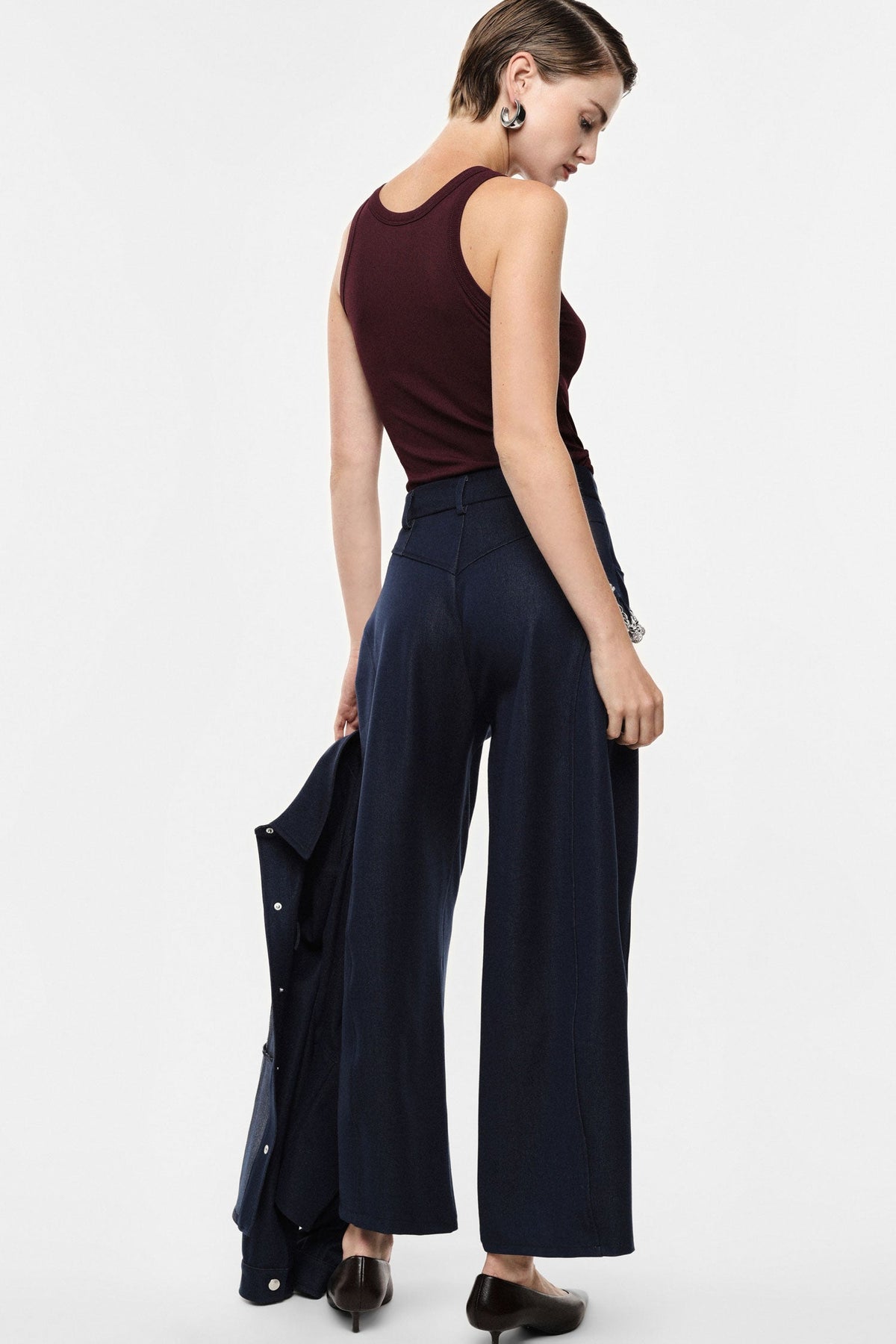 Pantaloni palazzo vita alta con catena decorativa BLU DENIM - IR