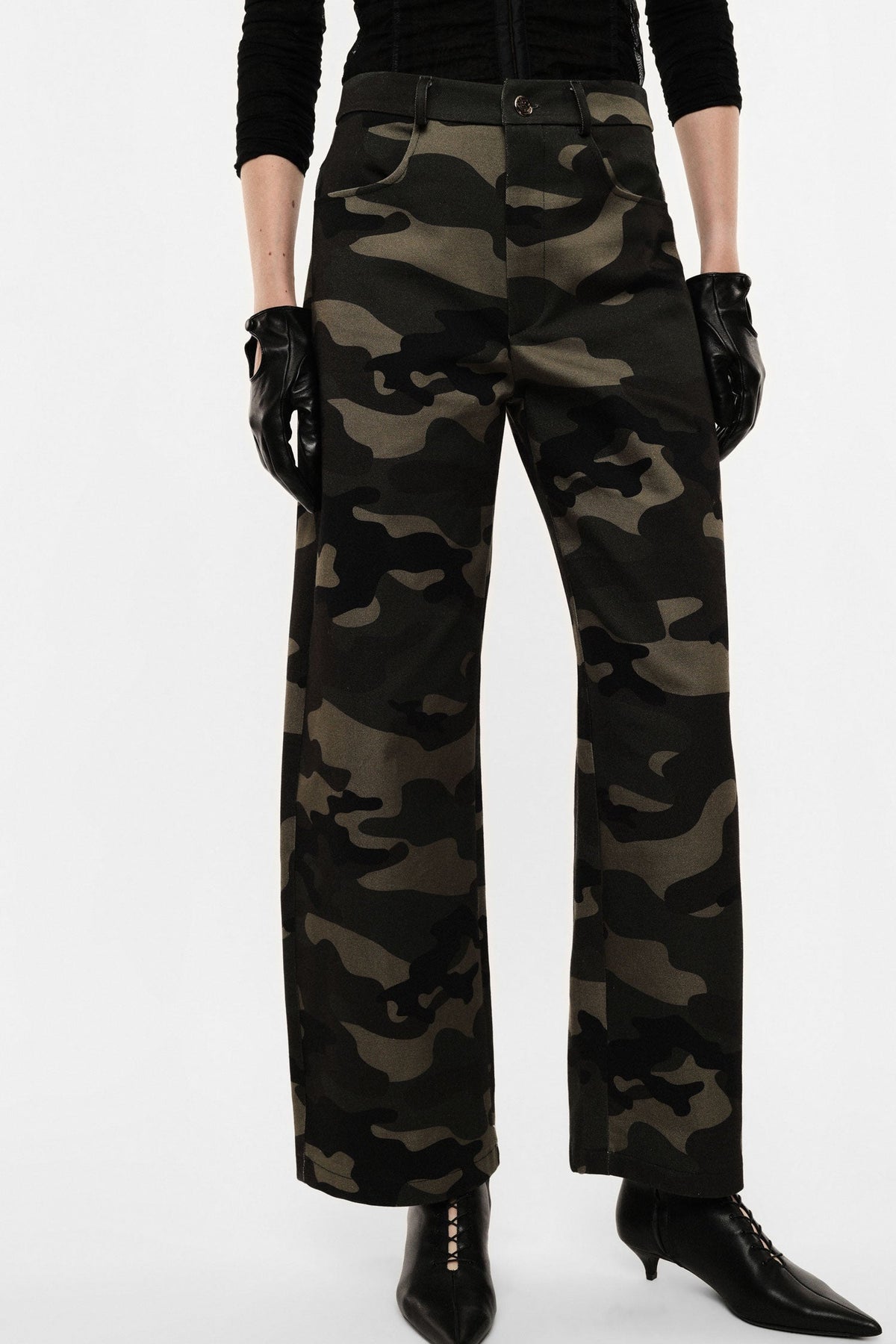 Pantaloni palazzo ampi stampa mimetica vita alta MILITARE - IL