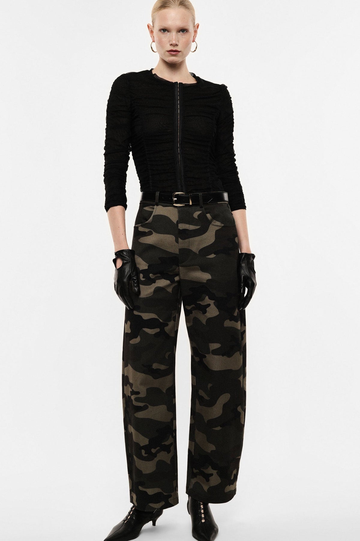 Pantaloni palazzo ampi stampa mimetica vita alta MILITARE - IF