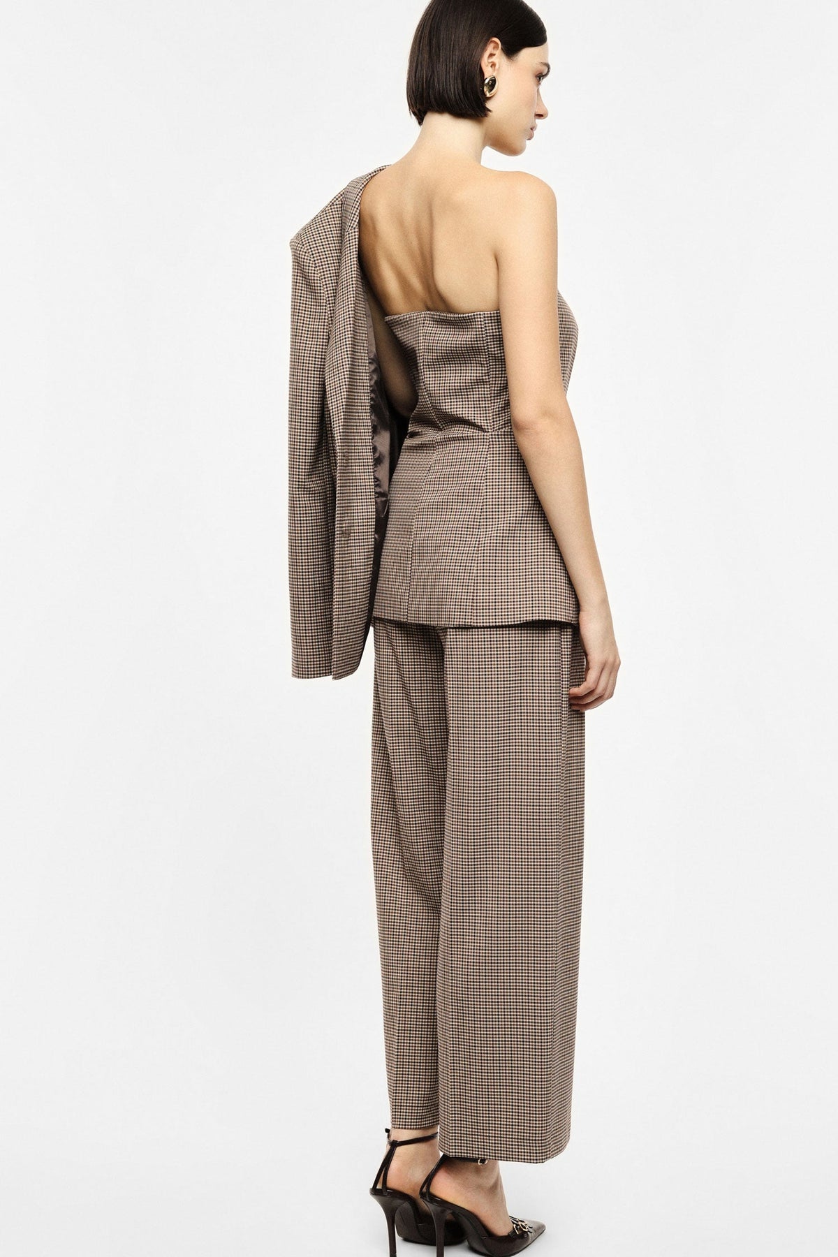 Pantaloni palazzo ampi fantasia micro-check CAMMELLO/BORDEAUX - IR