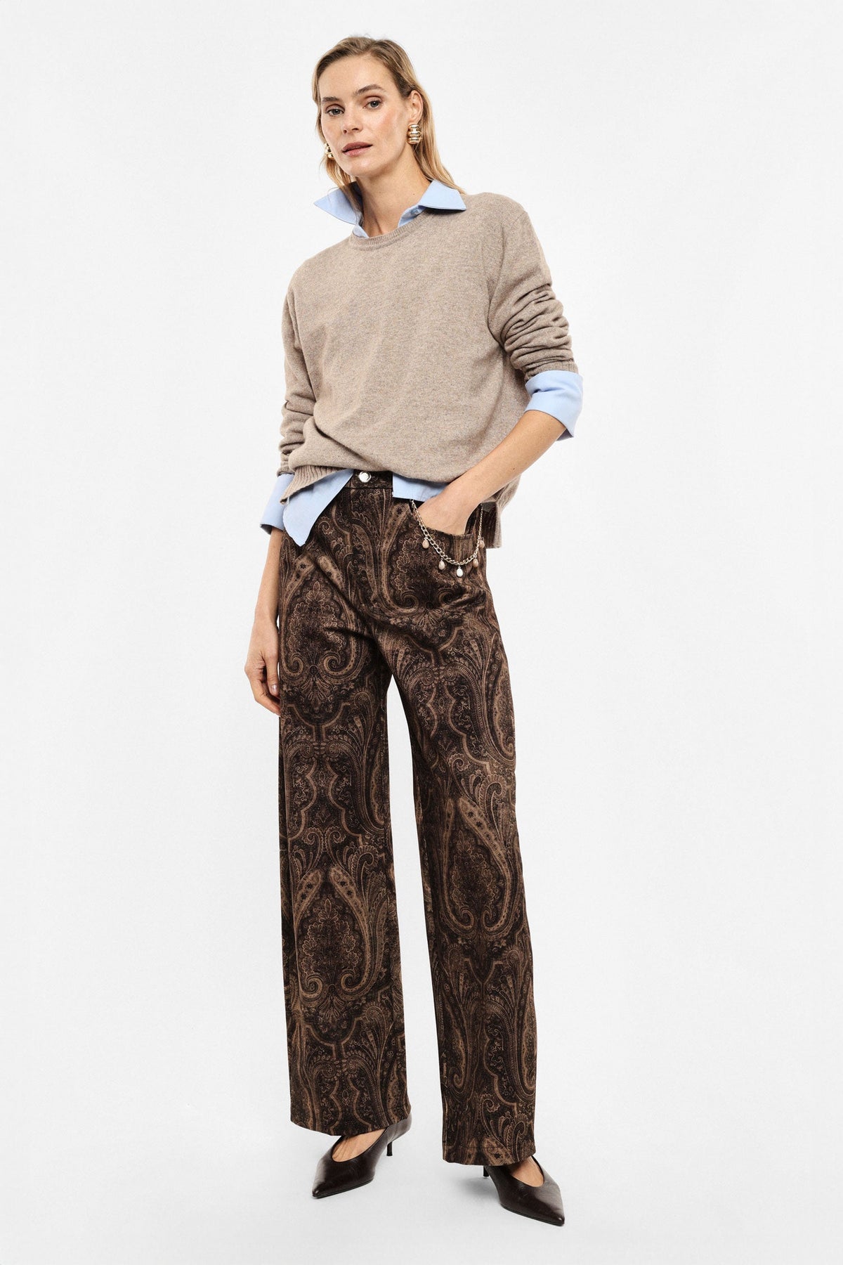 Pantaloni palazzo stampati catena decorativa BEIGE/MORO