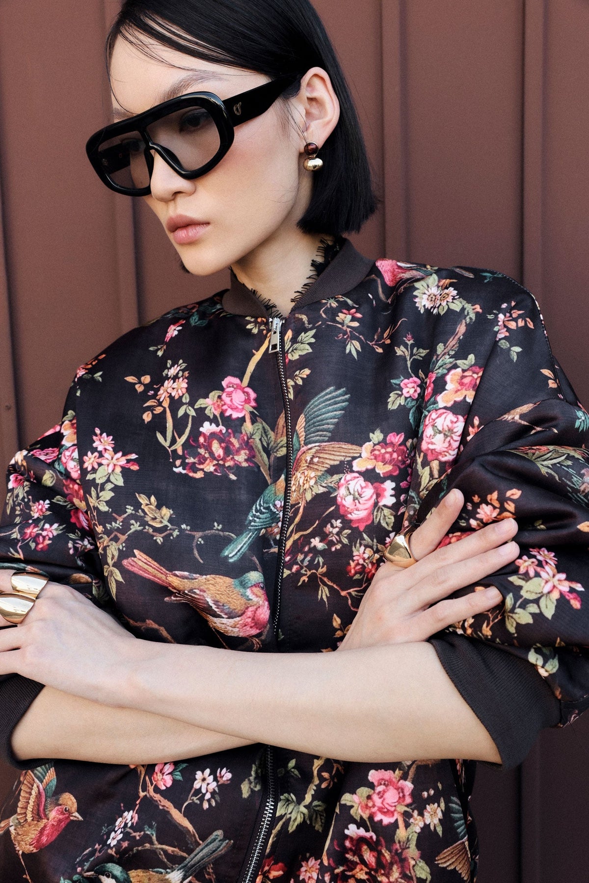 Bomber oversize con stampa floreale e uccelli MORO/ROSA - IL