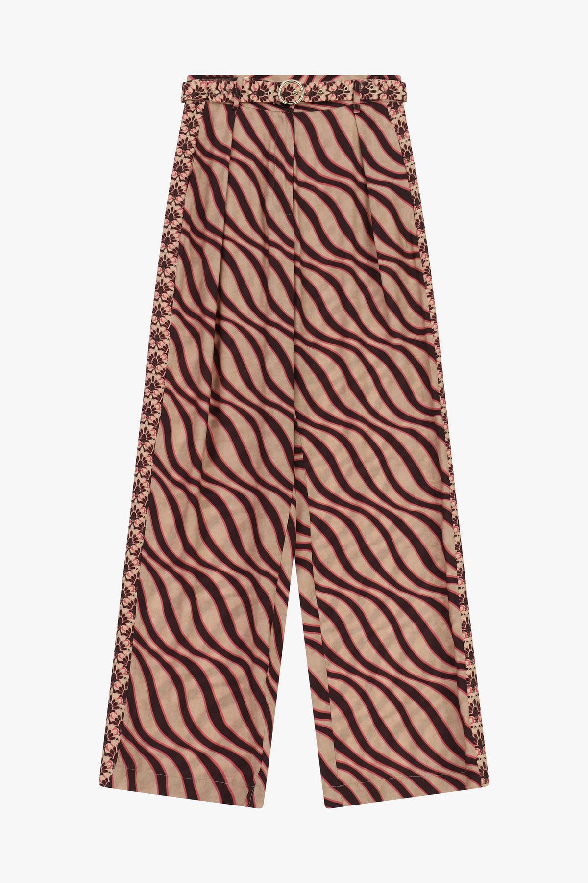 Pantaloni palazzo stampa onde vita alta BEIGE/ROSA - F