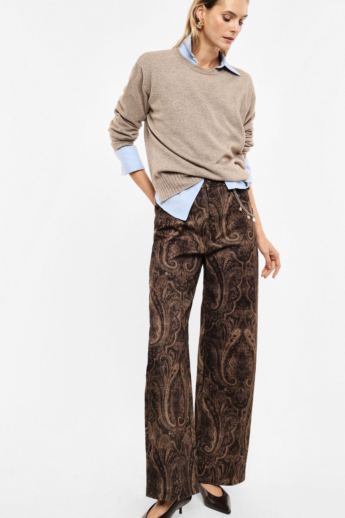 Pantaloni palazzo stampati catena decorativa BEIGE/MORO - II