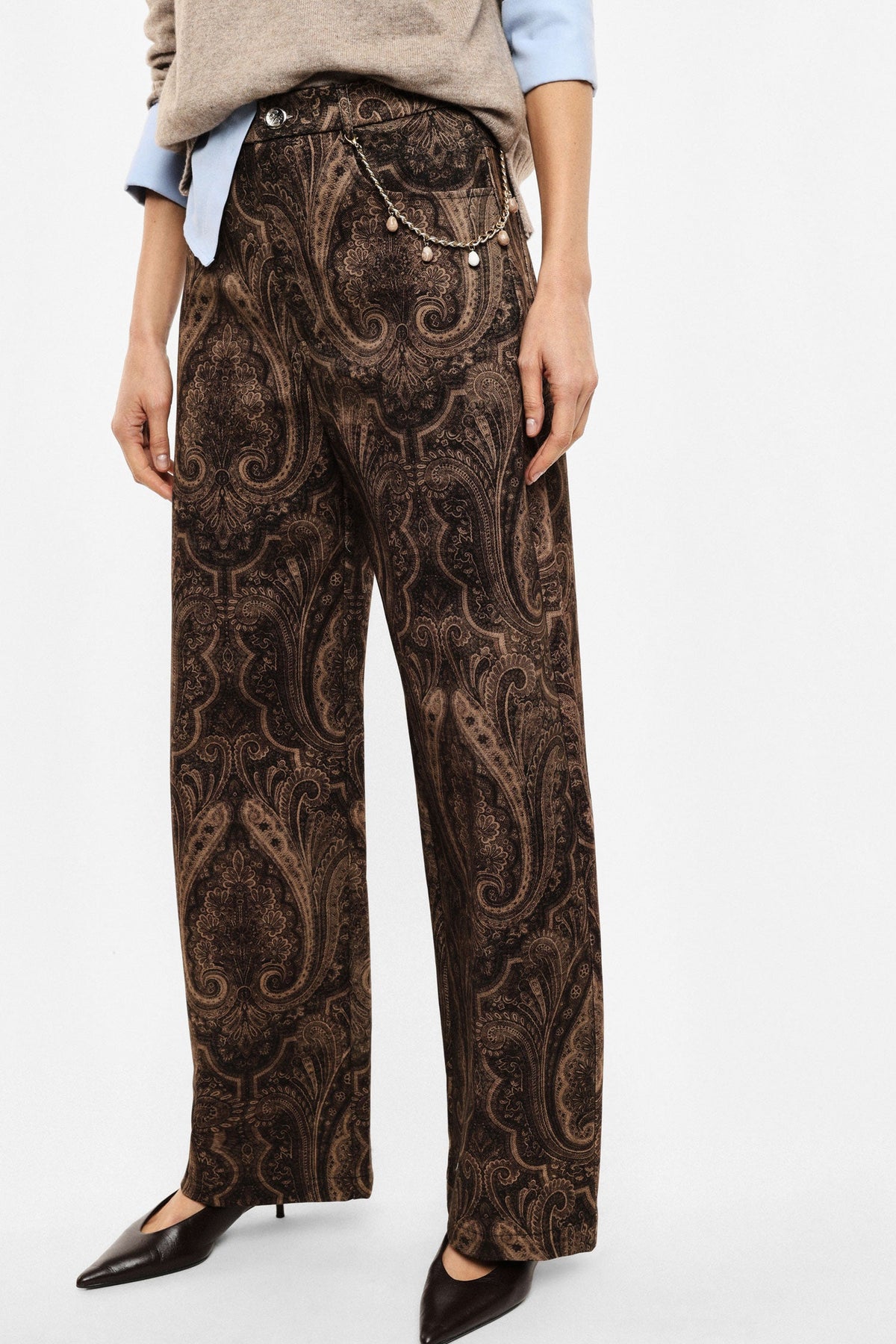 Pantaloni palazzo stampati catena decorativa BEIGE/MORO - IL