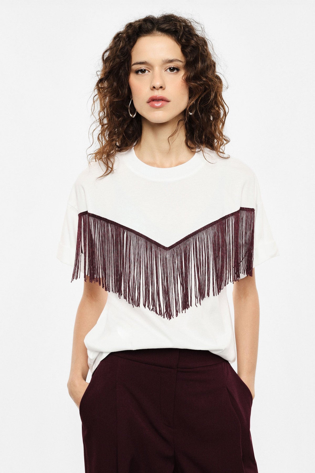 T-shirt con frange decorative e maniche corte BIANCO - IR