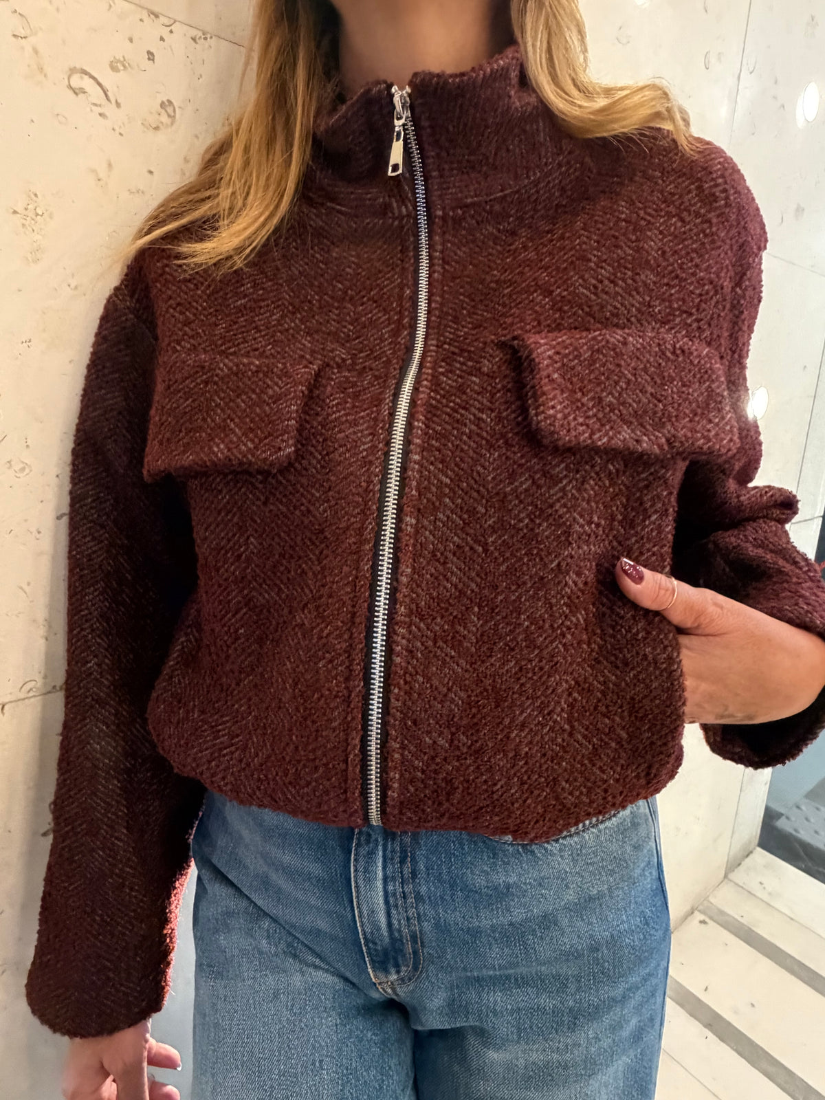 Bomber corto in tessuto spigato con zip Emisphere