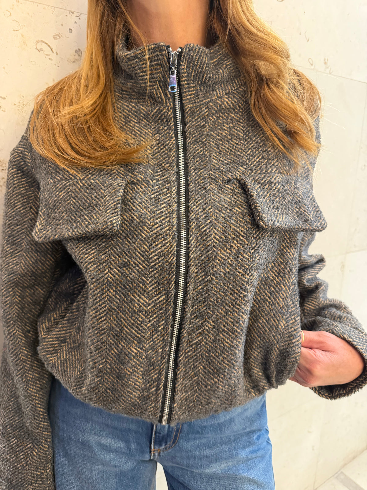 Bomber corto in tessuto spigato con zip Emisphere