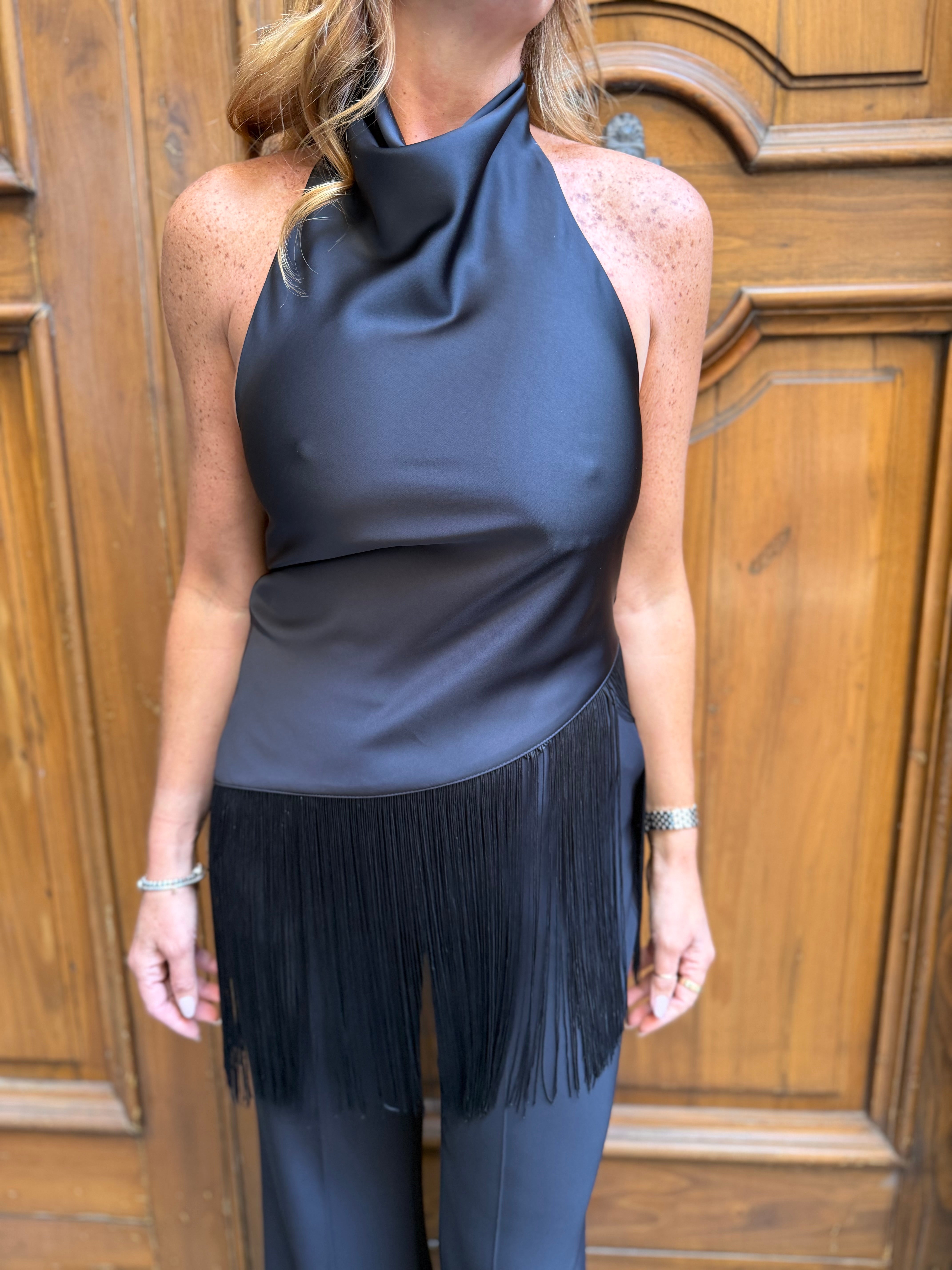 Top asimmetrico con frange e scollo halter Imperial
