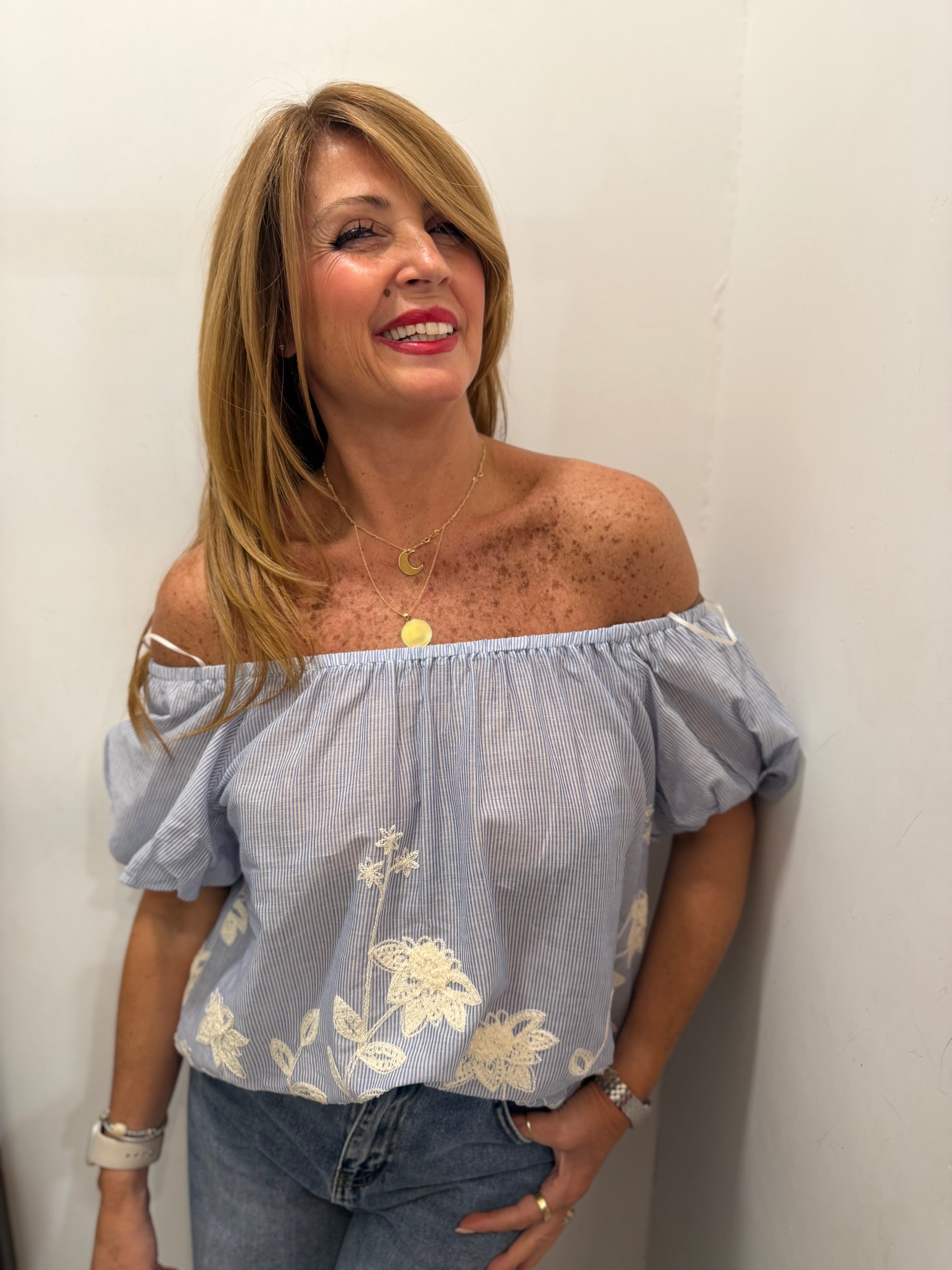 Camicia scollo bardot con ricamo Emisphere