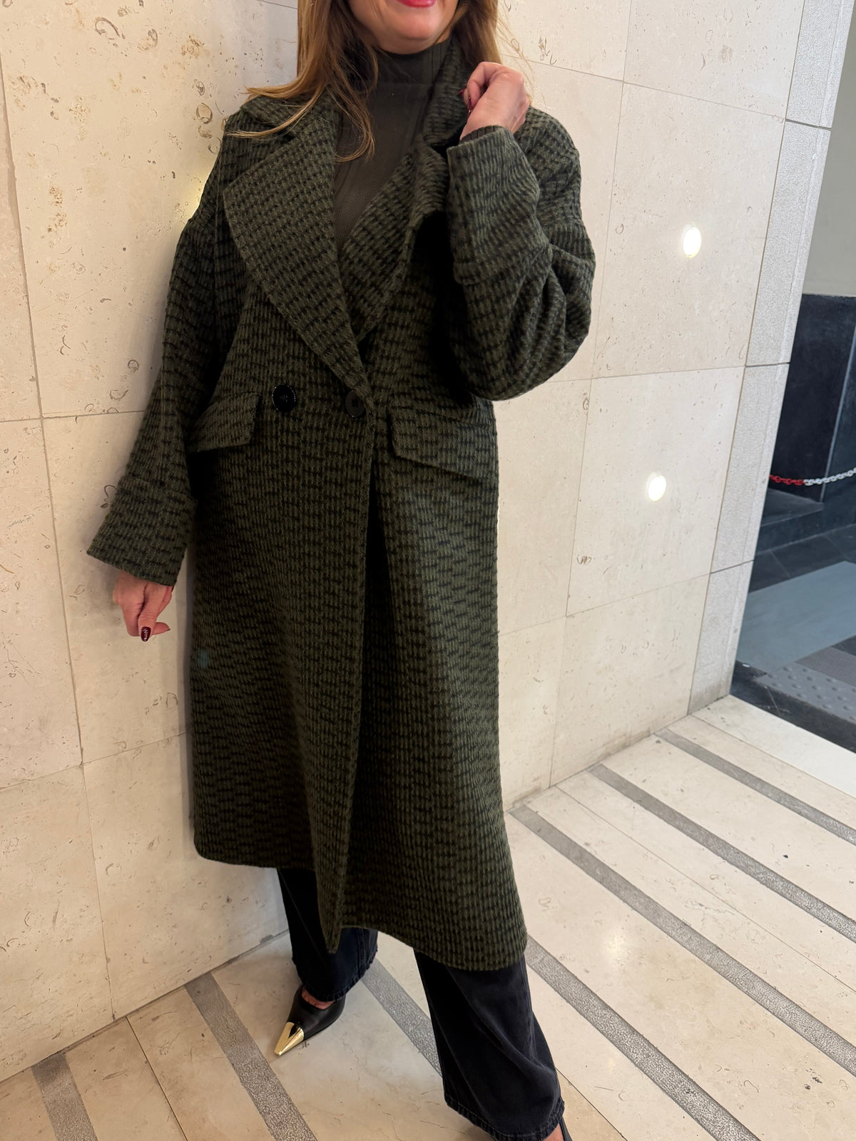 Cappotto lungo doppiopetto con fantasia check emisphere
