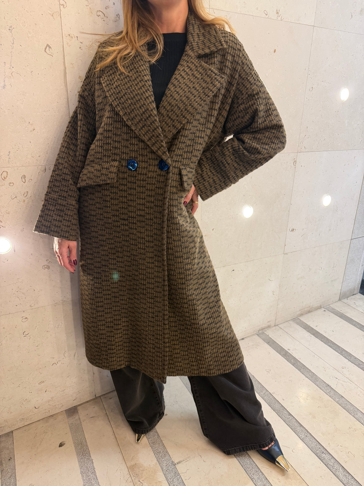 Cappotto lungo doppiopetto con fantasia check emisphere