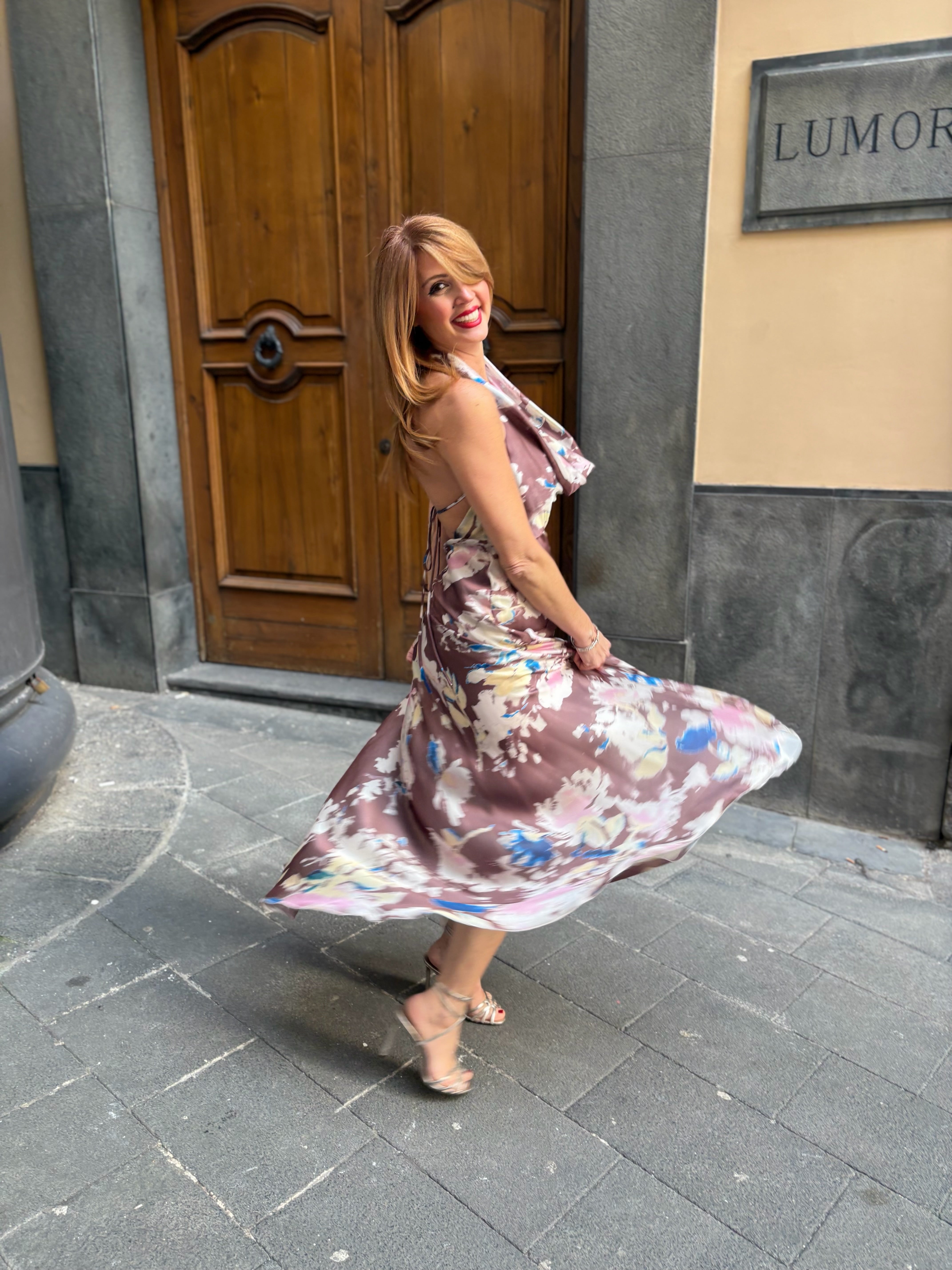 Abito in chiffon stampato con scollo gronda Hanita