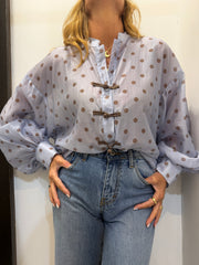 Camicia con alamari collo alla coreana e fantasia a pois Emisphere