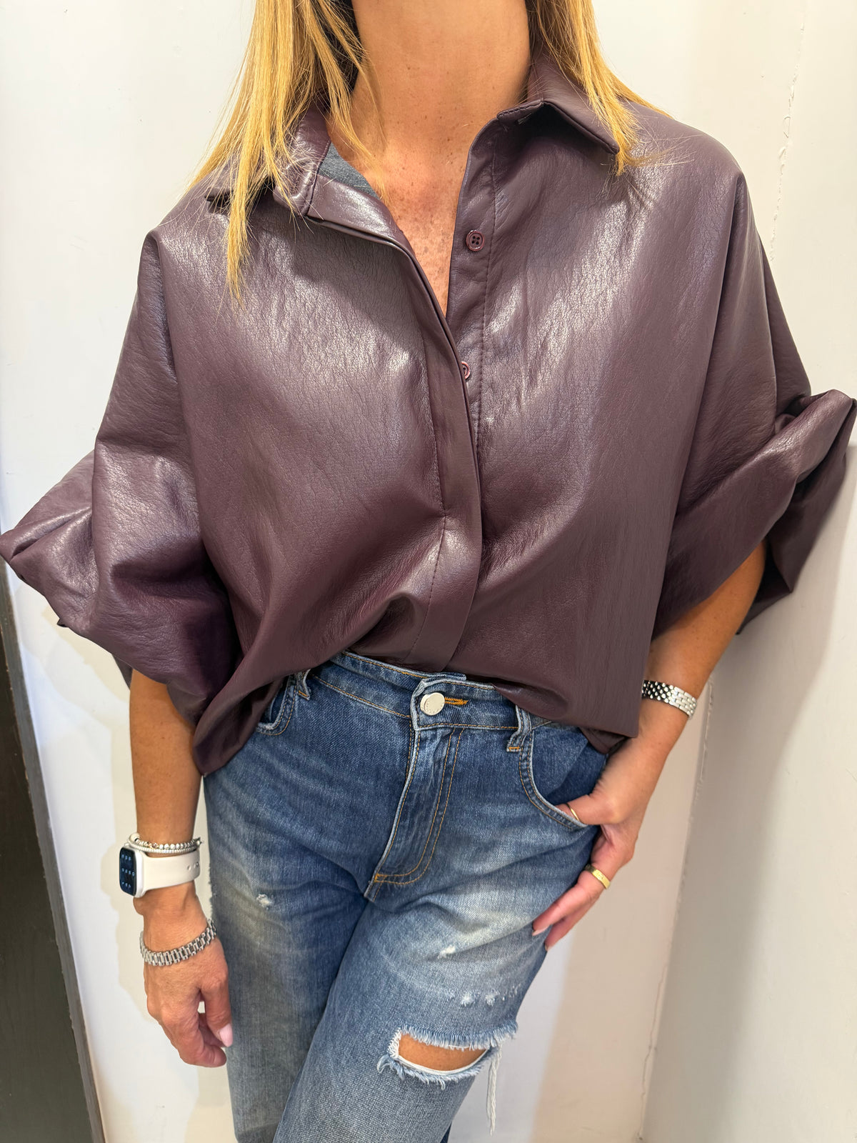 Camicia con manica ballon in ecopelle Emisphere