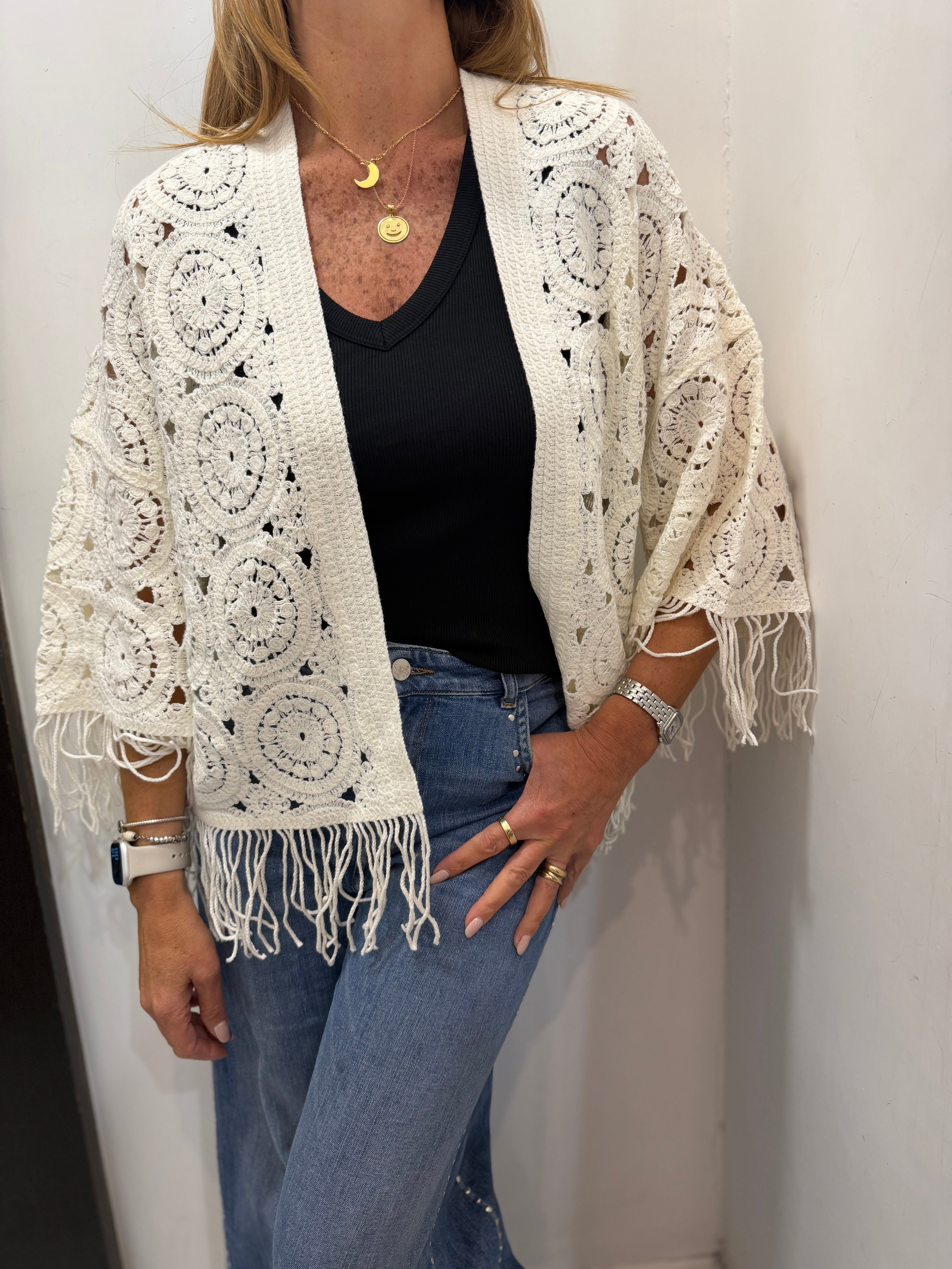Cardigan in crochet con frange Emisphere