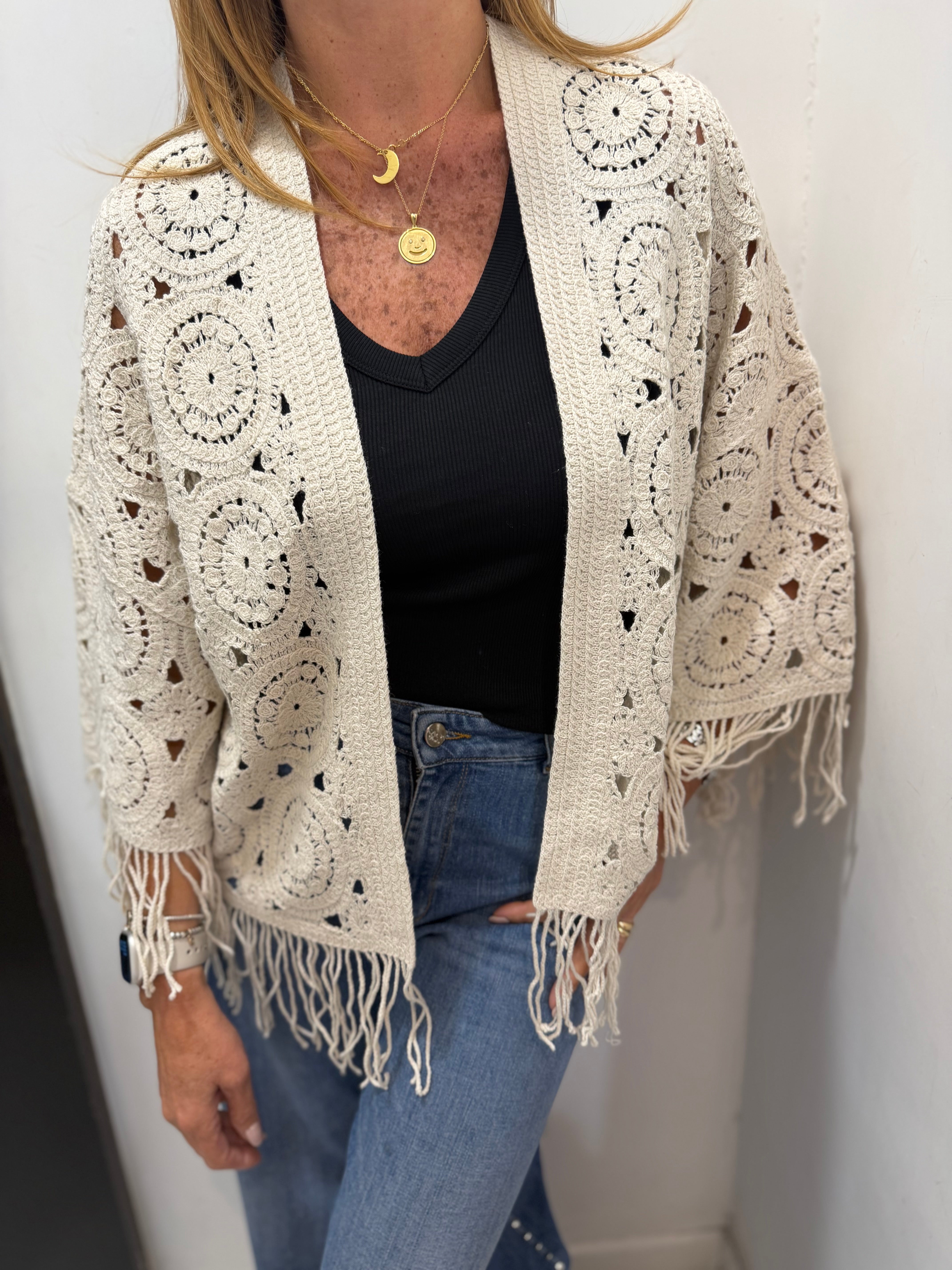 Cardigan in crochet con frange Emisphere