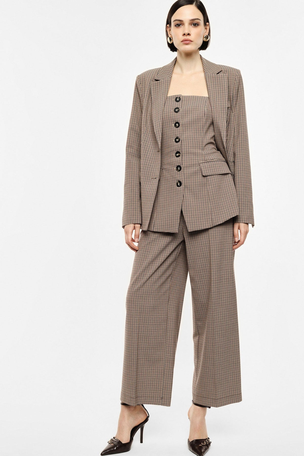 Pantaloni palazzo ampi fantasia micro-check CAMMELLO/BORDEAUX