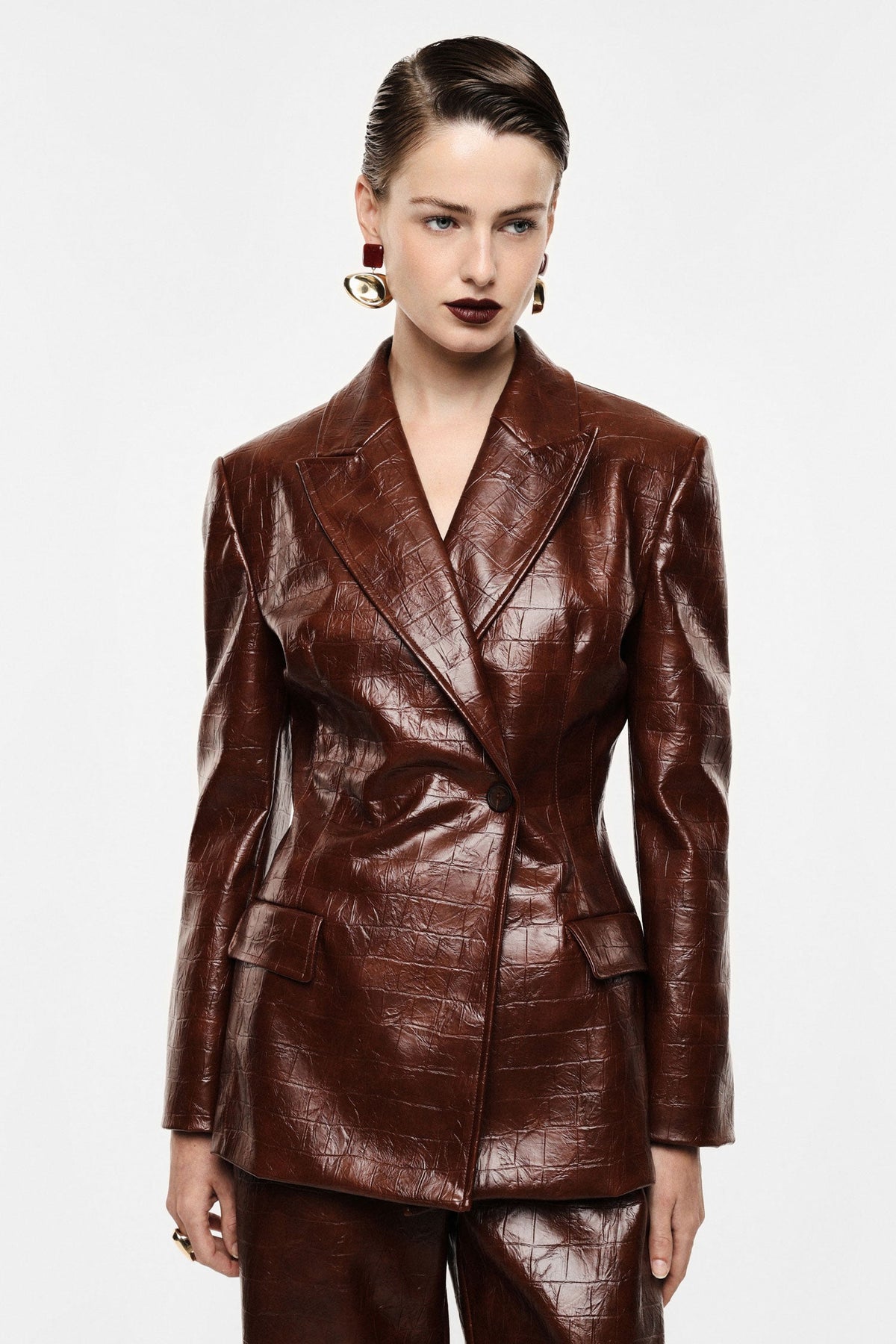 Blazer monopetto in similpelle effetto coccodrillo TABACCO