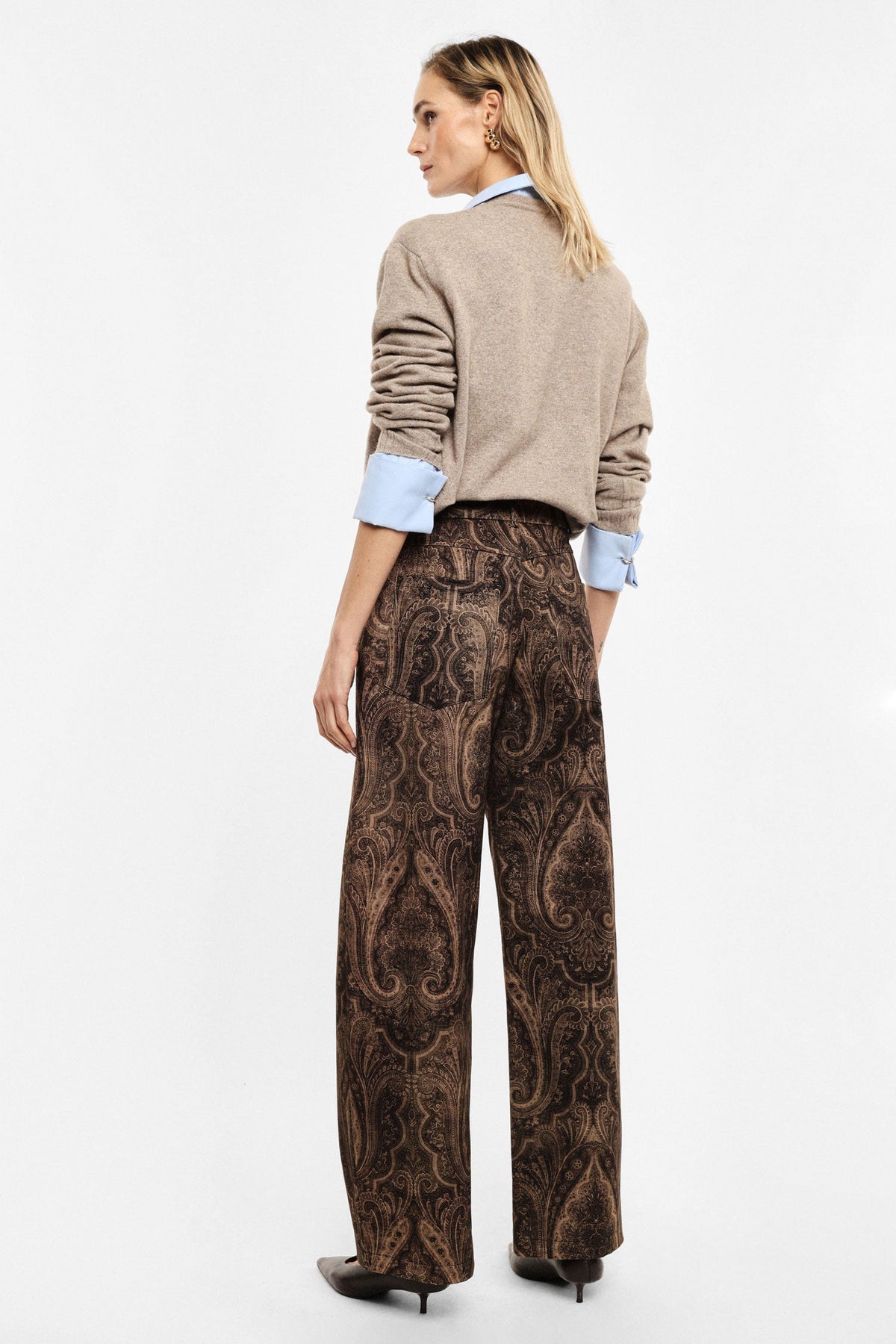 Pantaloni palazzo stampati catena decorativa BEIGE/MORO - IR