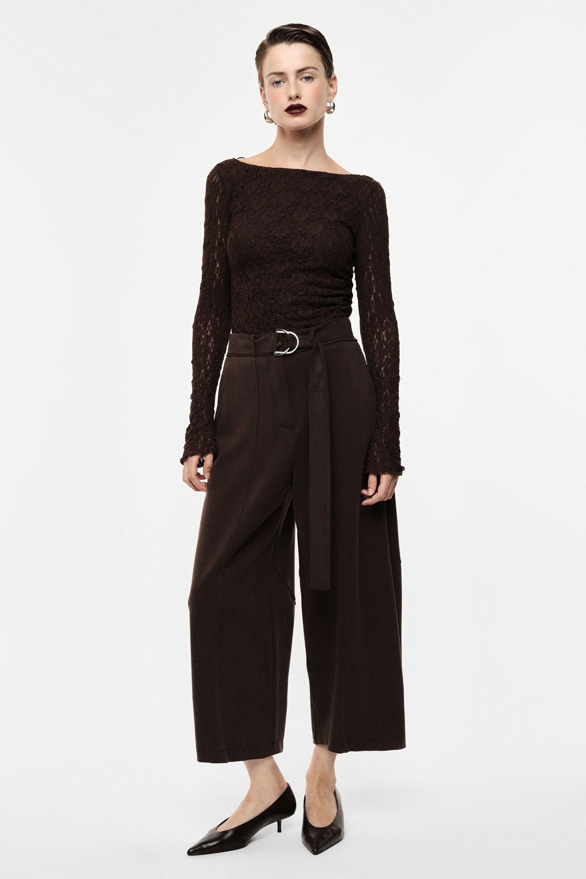 Pantaloni palazzo cropped con cintura e pince MORO