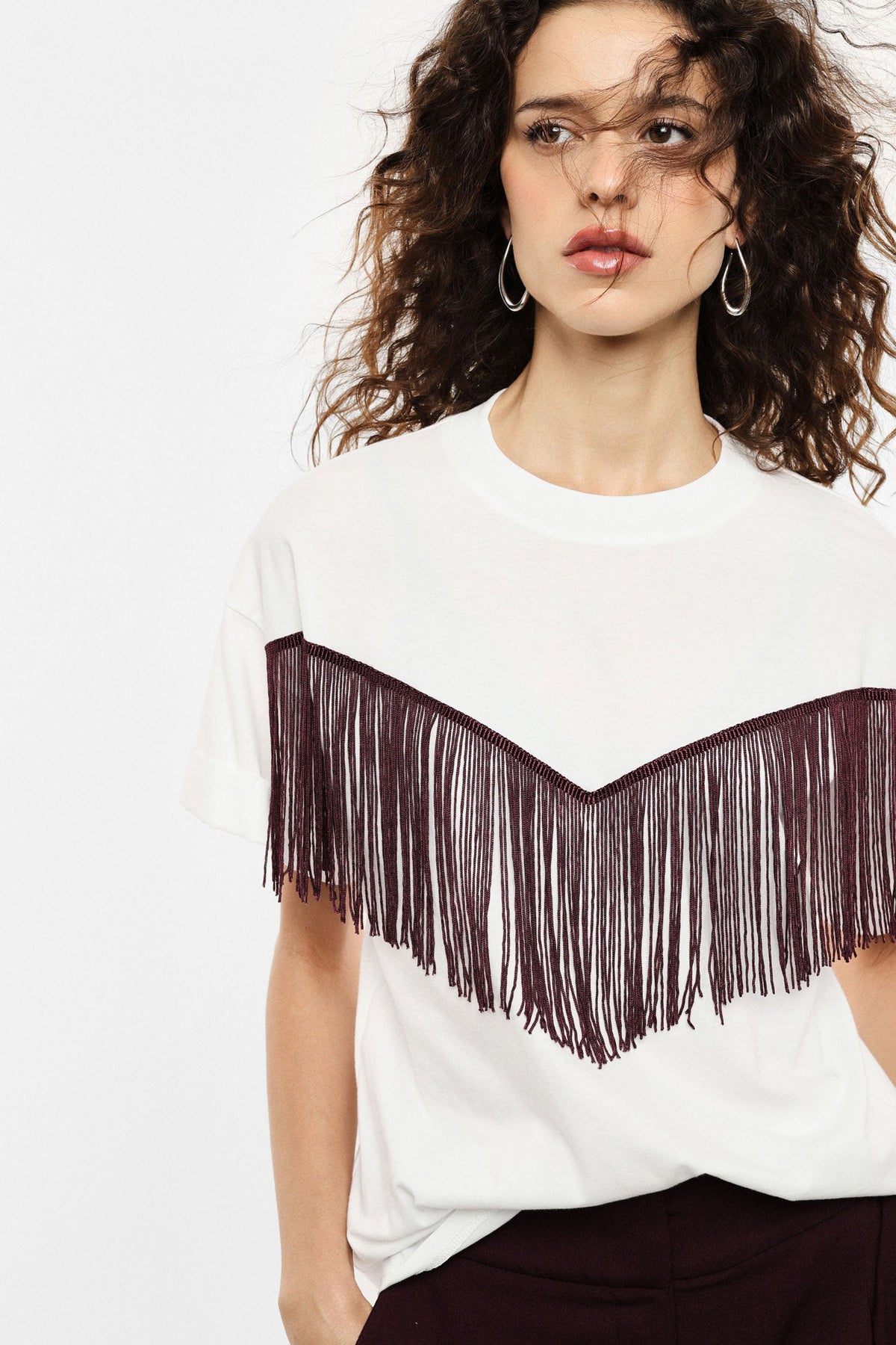 T-shirt con frange decorative e maniche corte BIANCO