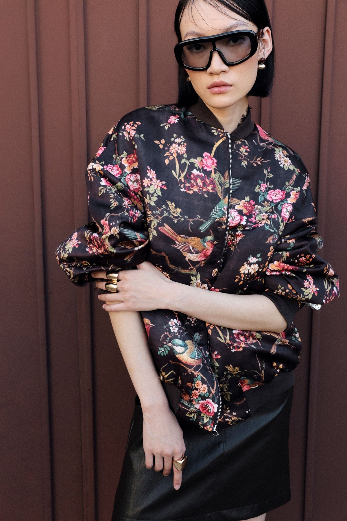 Bomber oversize con stampa floreale e uccelli MORO/ROSA