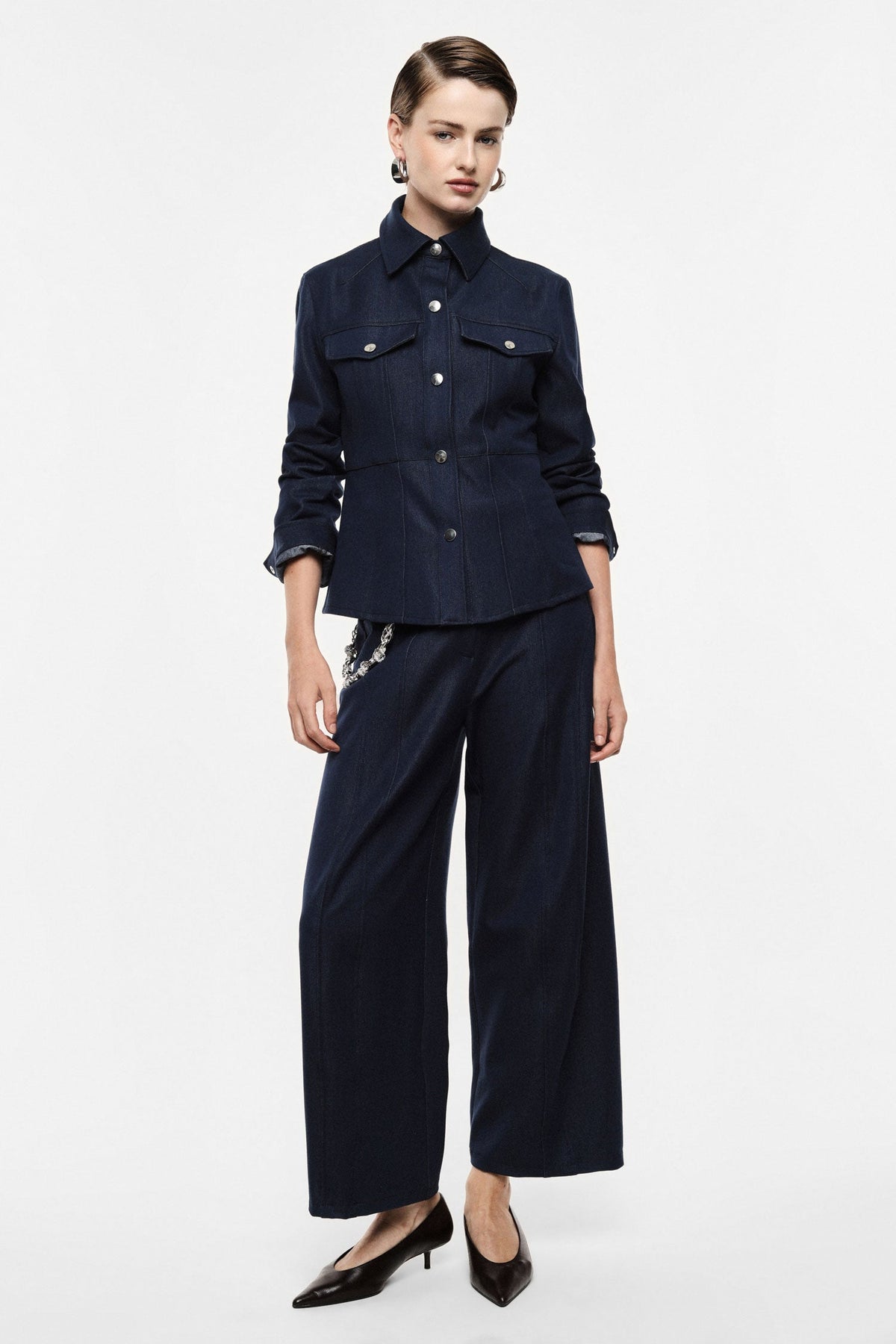 Pantaloni palazzo vita alta con catena decorativa BLU DENIM - II